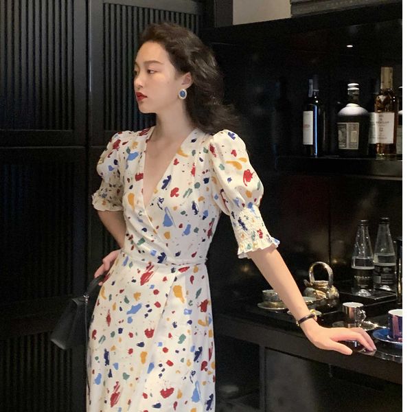 

french v-neck drs 2021 summer fashion waist closing bubble sleeve skirt temperament fairy, Black;gray