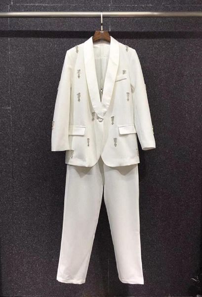 

women's two piece pants 2021 autumn winter fashion blazer sets women crystal beading deco suits+skinny & capris female, White
