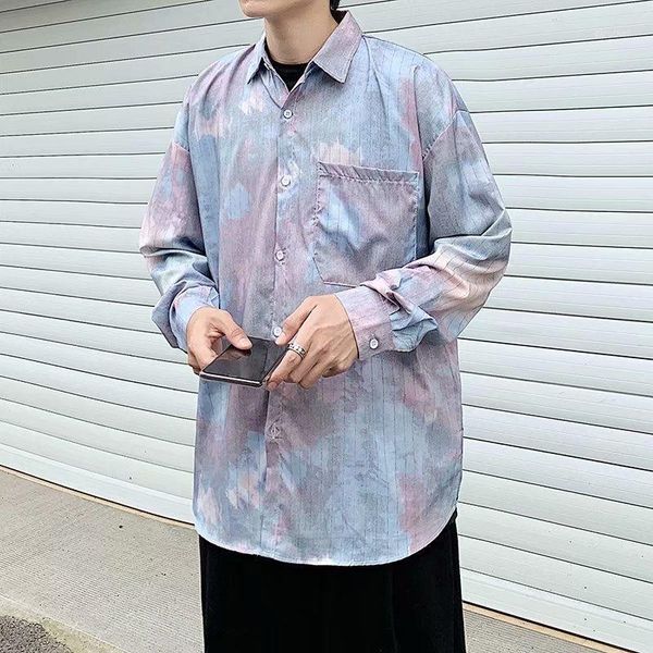 

men's casual shirts autumn shirt tie-dye outer wear overalls long sleeves loose trend fashion simple male clothing all-match, White;black