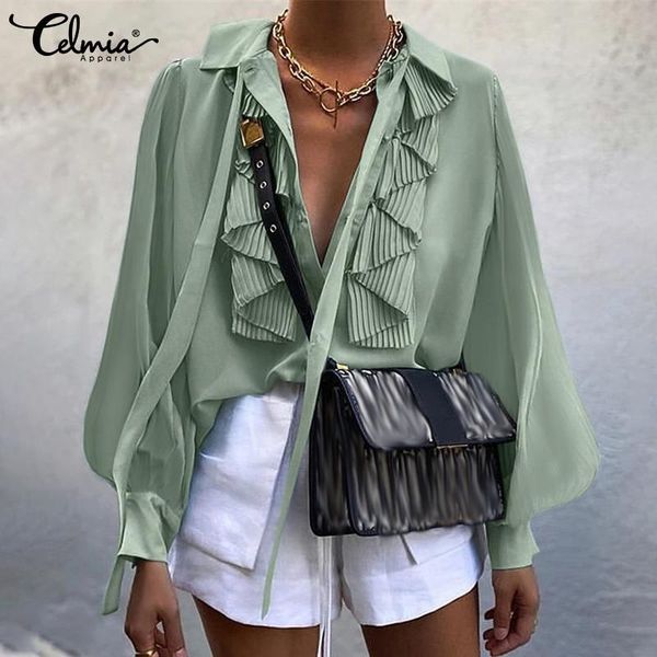 

women's blouses & shirts autumn 2021 party celmia women chiffon lapel with bow tie elegant puff long sleeve casual loose blasas, White