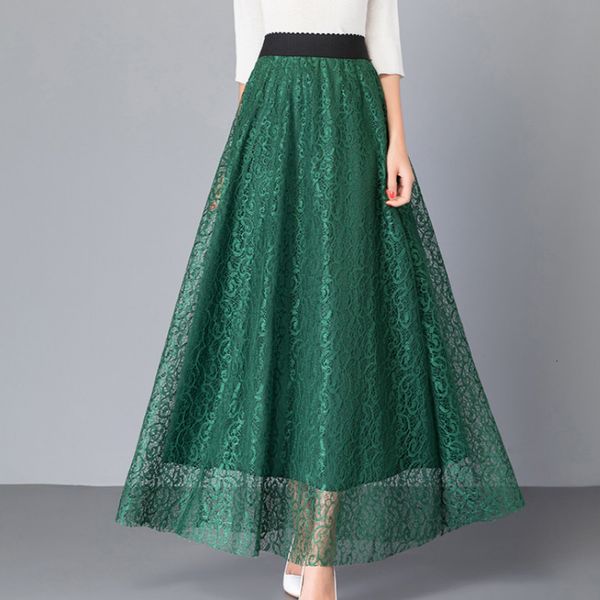 

skirts spring crochet floral lace elastic maxi long skirt a-line big flared summer ankle gauze green burgundy ik3m, Black