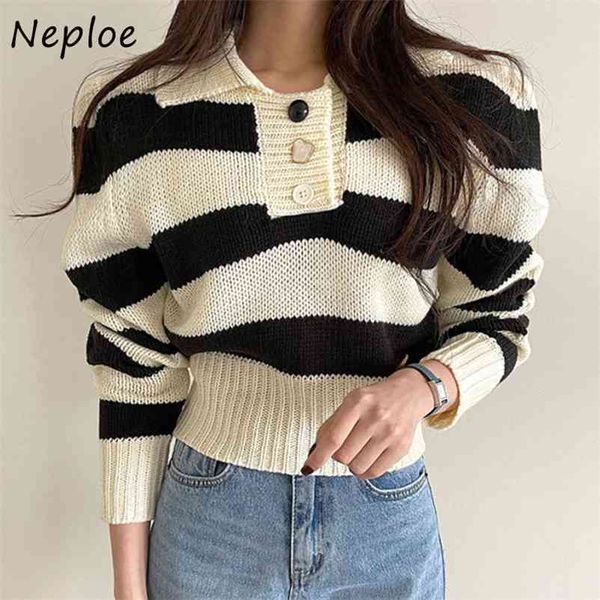 

hit color striped patchwork knit sweater women turn down collar long sleeve slim waist pull femme causal sueter autumn 210422, White;black