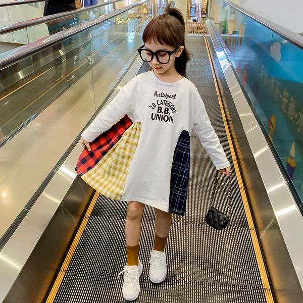 

cute girls dresses long sleeve plaid patchwork dresses for kids 4 5 6 7 8 9 10 11 12 13 years girls cotton baby girls clothes, White