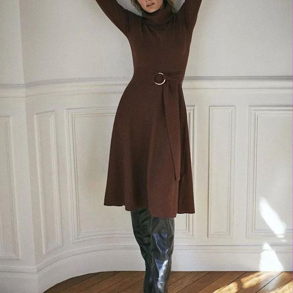 

casual dresses women dress simple high neck knitted with belt, Black;gray