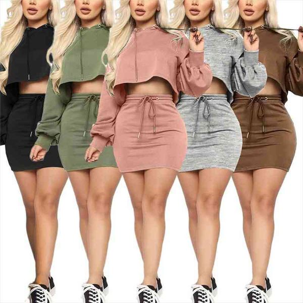 

5 colors womens 2 pcs skirt sets loose drawstring long sleeve hoodies high waist skirt outfits, Gray