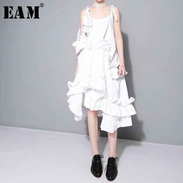 

[eam] 2021 new spring irregular multilayer ruffles solid color loose fashion white dress women trendy tide 210320, Black;gray