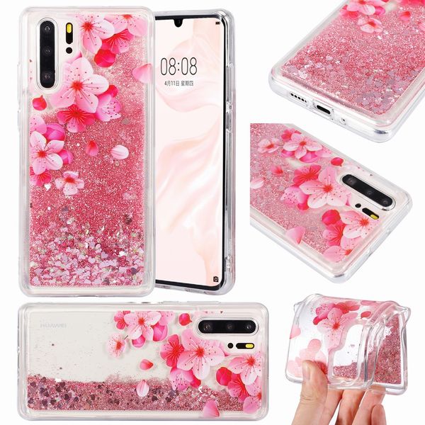 

quicksand liquid glitter peach blossom flower phone cases shockproof clear soft tpu for huawei mate 20 30 40 pro plus p30 p40 p50 lite pink