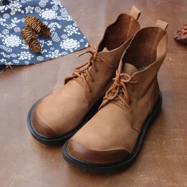 

round head lace up soft flat thick bottom women's short boots, Black