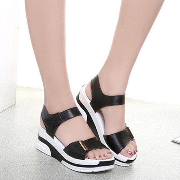 

summer women sandals casual ladies platform solid color open toe korean version wedge heel shoes, Black