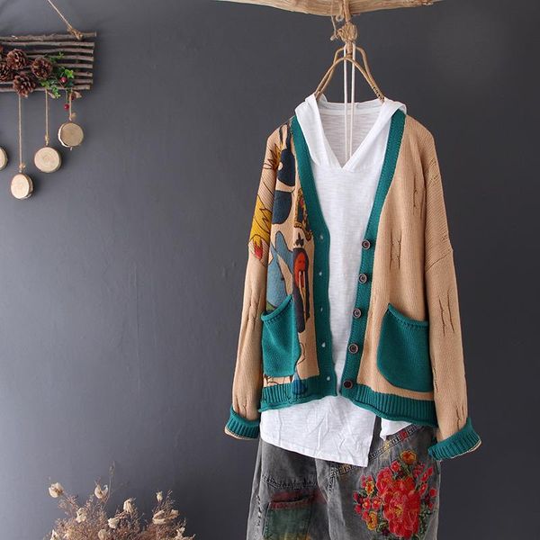 

women's knits & tees women knitting cardigan coat 2021 autumn literary loose long-sleeved v-neck sweater cartoon printing, White
