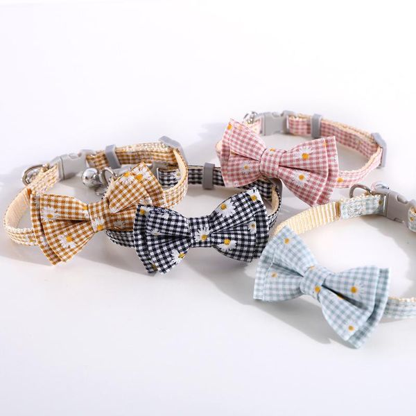 

pet collar cat kittens puppy adjustable plaid daisy flower bow tie bell necklace ornament costumes