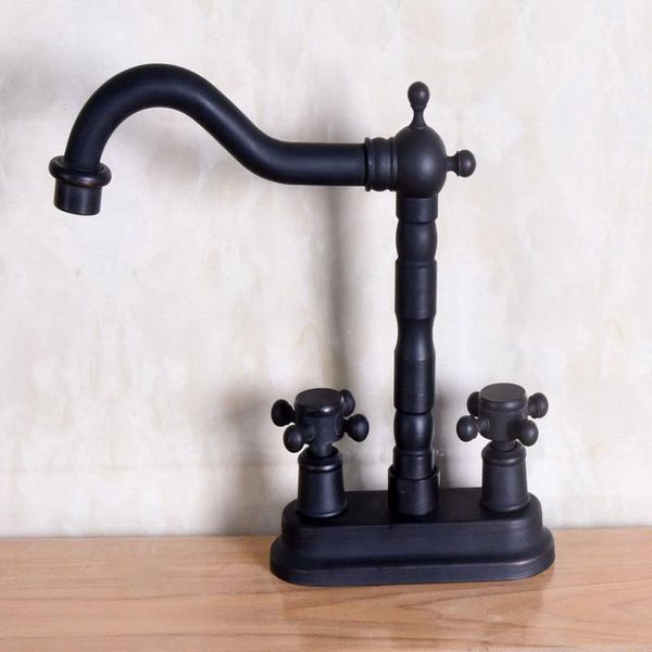 

black oil rubbed bronze 4" centerset bathroom two holes basin faucet sink mixer tap swivel spout double cross handles mnf148 faucets