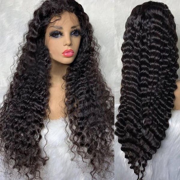 

250% density curly lace front human hair wigs for women natural black 13x4 glueless frontal wig remy brazilian hair1, Black;brown