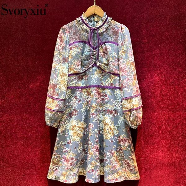 

casual dresses svoryxiu autumn winter designer fashion dress women's elegant flower print patchwork lace embroidery lantern sleeve, Black;gray