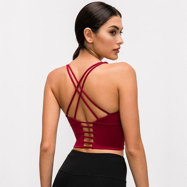 

yoga outfit fitness bra plus size women sport high impact vest soild color thin shoulder strap sling cross back gym with chest pad