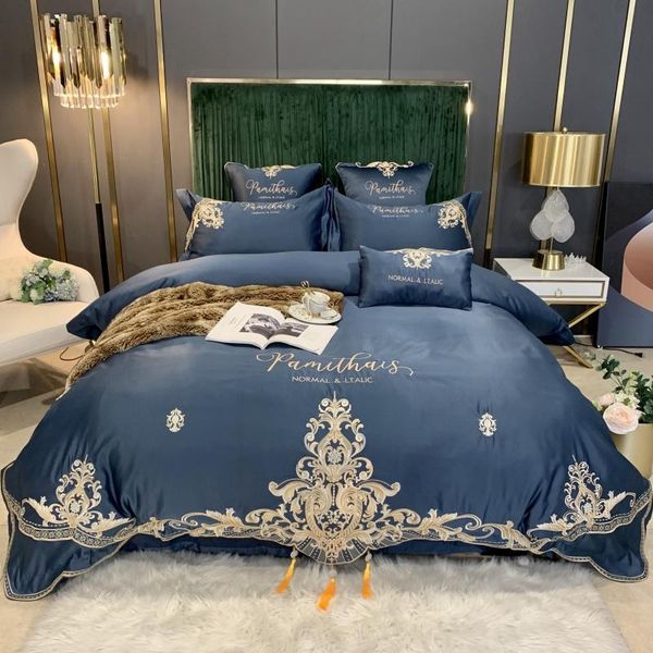 

luxury white smooth silk cotton gold embroidery bedding set tassels duvet cover fitted sheet bed pillowcases home textiles sets