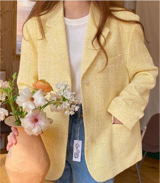 

women's jackets autumn 2021 gentle girl chic korean style white yellow tweed suit coat loose and versatile, Black;brown