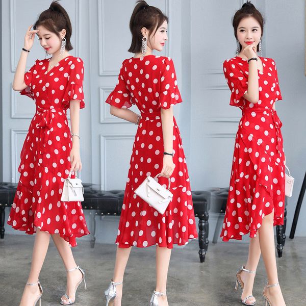 

summer printed female temperament dressed in with short sleeve vest dot split feminine elegant dress k59 34sf, Black;gray