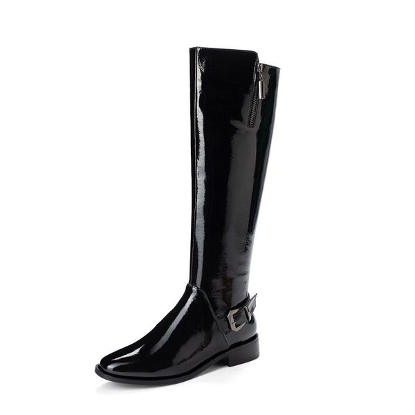 

boots concise genuine leather low heels women vintage knee high party prom shoes woman winter side zipper long size 42 43, Black