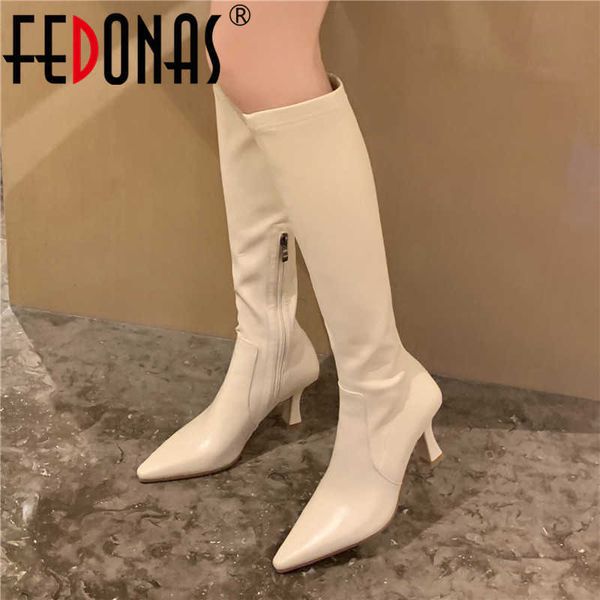 

fashion women knee high boots genuine leather heels for classic design wedding party winter shoes woman 210528, Black