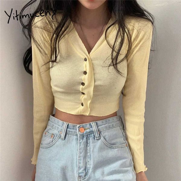 Yitimuceng Düğme Yukarı T Shirt Kadın Skinny Cardigan Tees Bej Gri Kırmızı Siyah Açık Sarı Tops Yaz Moda Tişörtleri 210601