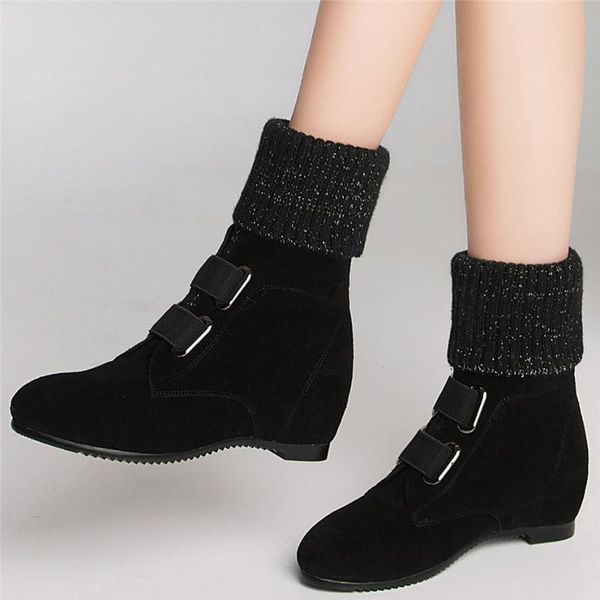 

boots knitting punk oxfords shoes women genuine leather wedges high heel snow female winter warm platform pumps, Black