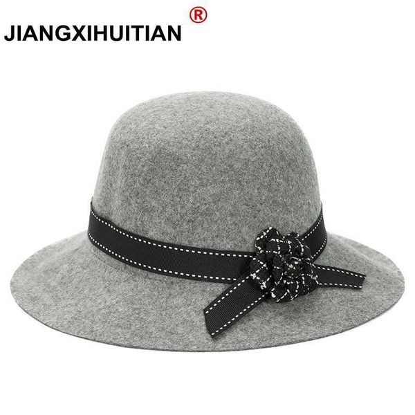 

stingy brim hats fashion women elegant felt fedora round bowler lattice flower vintage caps winter royal princess, Blue;gray