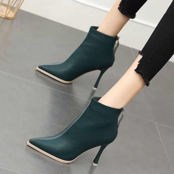 

boots women fashion green pu leather side zipper heel shoes lady classic black comfort autumn winter b9039