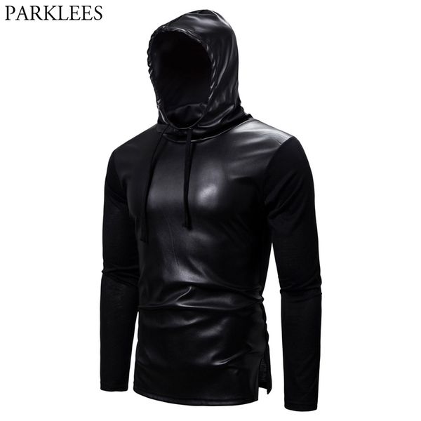 Black Pu Couro Patchwork Hoodie Homens Moda Split Ham Hoodies Supershirts Mens Hip Hop Casual Streetwear Sudadara Hombre 210522