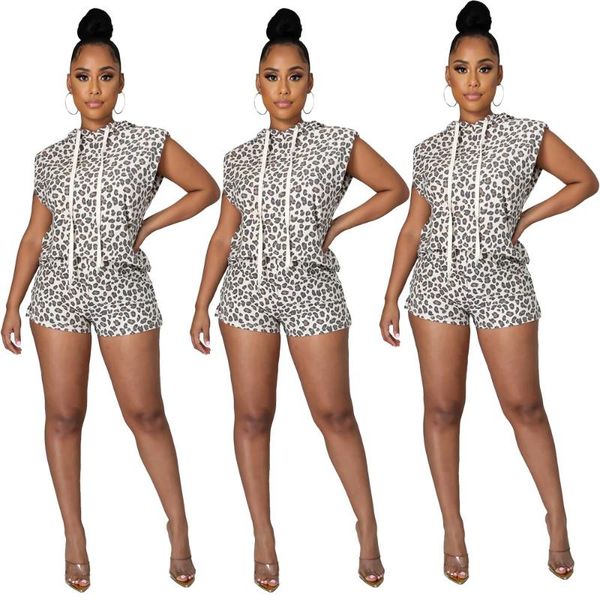 

women's tracksuits summer leopard print hooded shoulder padded vest shorts two-piece fashion casual suit style, Gray