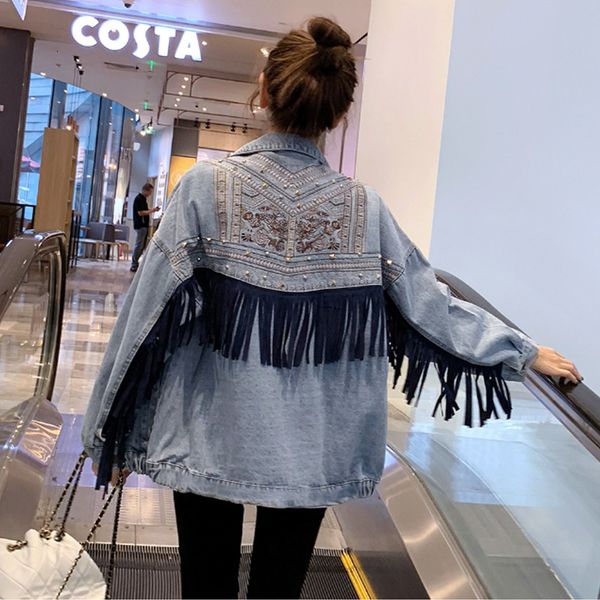 

women's jackets jaqueta jeans coreana floral bordado camurÃ§a franja solta chaquetas mulher casaco de manga comprida veste feminina jrn8, Black;brown