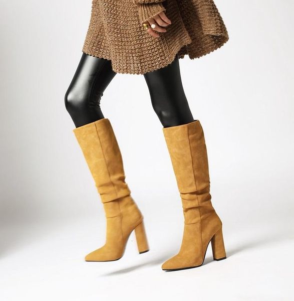 

2021 cowboy western knee high boots women pointed toe pleated european style autumn winter boots thick high heels woman shoes, Black