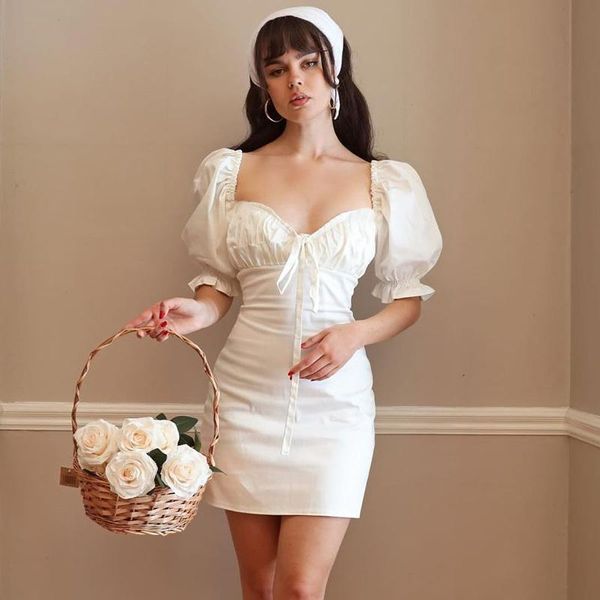 

party dresses elegant puff sleeve mini dress bow slim fashion club vintage casual bodycon streetwear mujer summer 2021, White;black