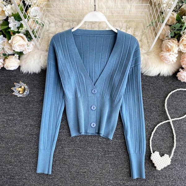 

women's knits & tees knitted cardigan v neck vertical stripes long sleeves slim thin sweater wholesale autumn winter 2021 female clothe, White
