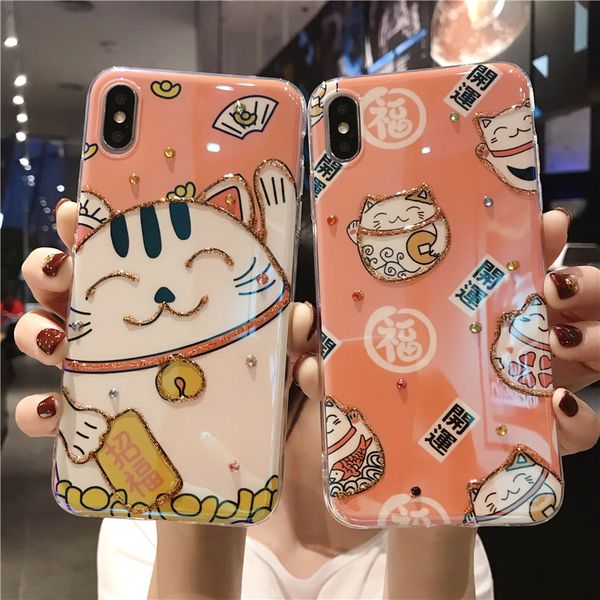 

(case+film) lucky cat iphone 11 mobile phone case apple x flash diamond xs max embossed 12 pro max silicone 8plus couple seven 7plus