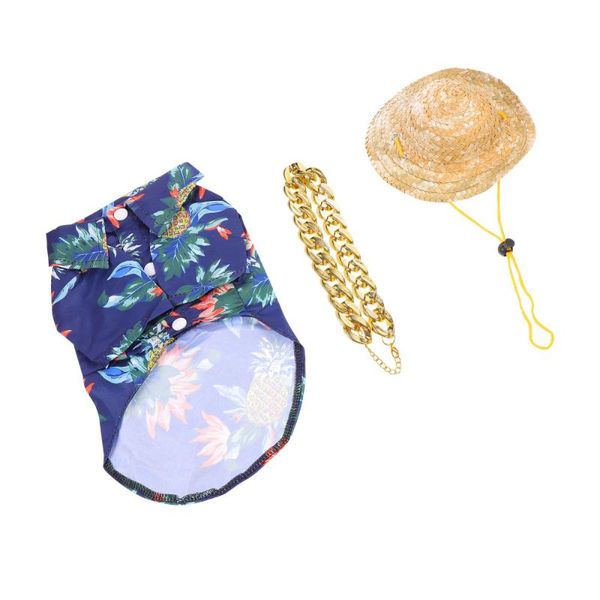 

dog apparel 3pcs pet hawaiian costume include t-shirts straw hat gold chain