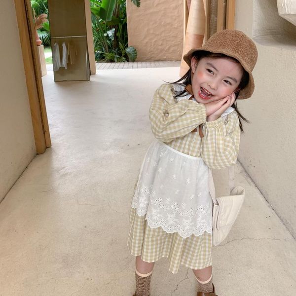 

korean children 2021 spring products for girls japanese retro fresh plaid doll collar dress + lace apron two suits toddler girl's dress, Red;yellow