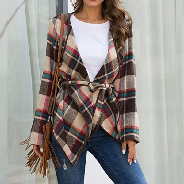

women's jackets wool blend jacket women coat plaid sashes irregular turn down collar long sleeve 2021 autumn winter fashion casual coat, Black;brown