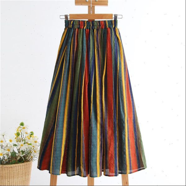 

japanese mori girl midi women skirt high waist colorful striped jupe femme longo elegant vintage cotton linen skirts womens, Black