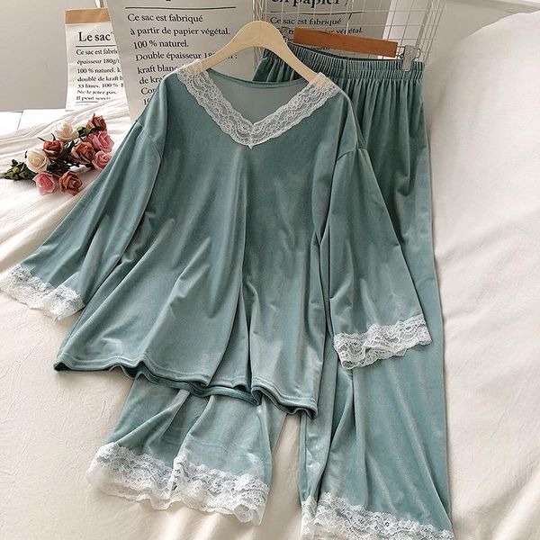 

women's two piece pants cotton yrrfuot sleepwear women pajamas nightclothes full length set autumn winter v-neck homewear pure velvet l, White