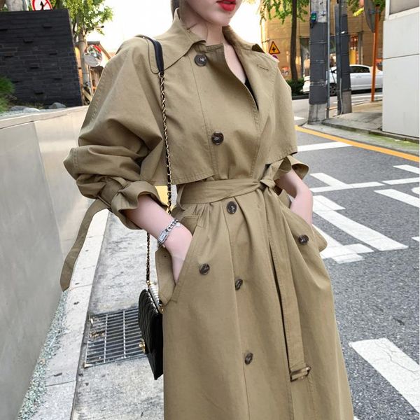 

women's trench coats khaki over-the-knee coat long lapel vintage korean style casual female windbreaker g048, Tan;black