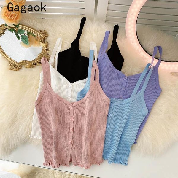 

women's tanks & camis gagaok knitted cami women 2021 summer solid edible tree sleeveless v neck camisole korean fashion chic wild cro, White
