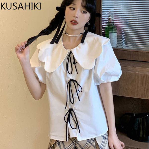 

kusahiki sweet peter pan collar women causal bow tie puff short sleeve blouse summer korean blusas shirt 6g965 210602, White