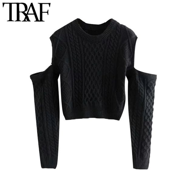 

women fashion hollow out cropped knitted sweater vintage strapless long sleeve female pullovers chic 210507, White;black