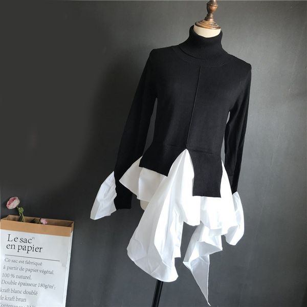 

tees hit color irregular hem sweater for women turtleneck long sleeve casual korean sweaters female fashion clothing, White