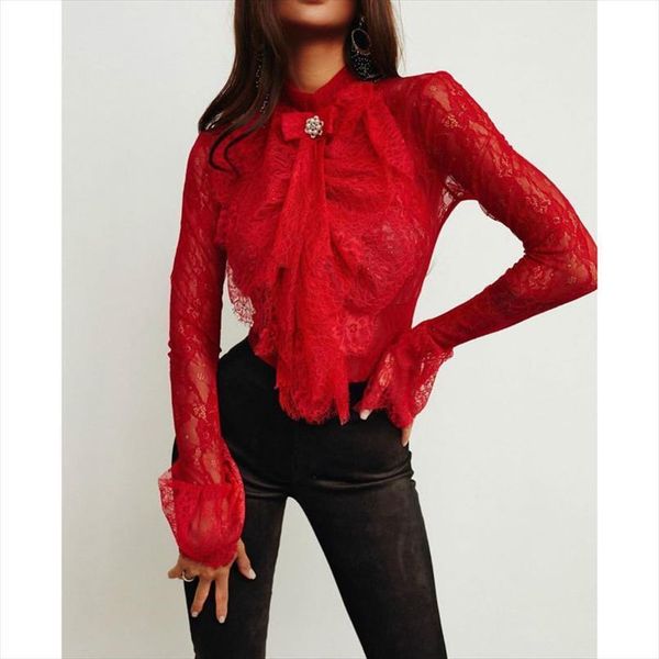 

elegant lace feminine women blouses bow long lantern sleeve summer female, White