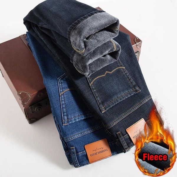 

men's jeans winter business plus velvet classic style regular fit fleece thick warm denim pants male brand trousers blue black
