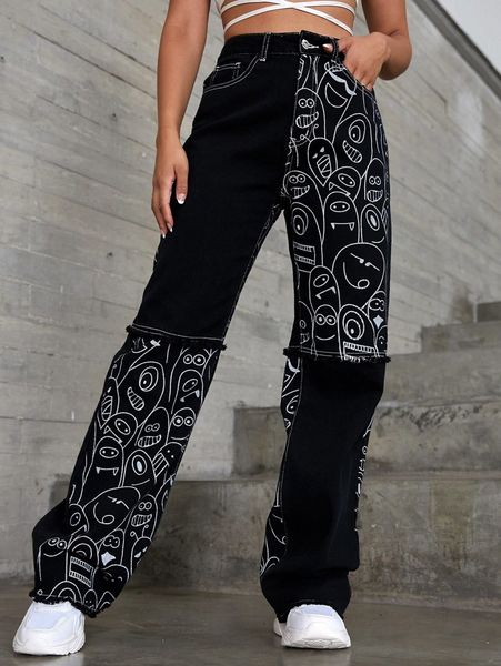 

cartoon pattern raw hem patched jeans n2is#, Blue