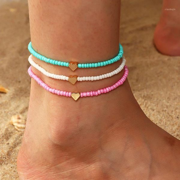 

anklets 3pcs/set love heart ankle bracelet for women colorful bohemia rice seed bead bracelets anklet men teen summer beach boho jewelry1, Red;blue