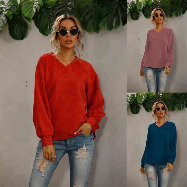 

oversized 3xl spring and summer v-neck corduroy t-shirt long-sleeved female casual loose solid color women tshirts 210517, White